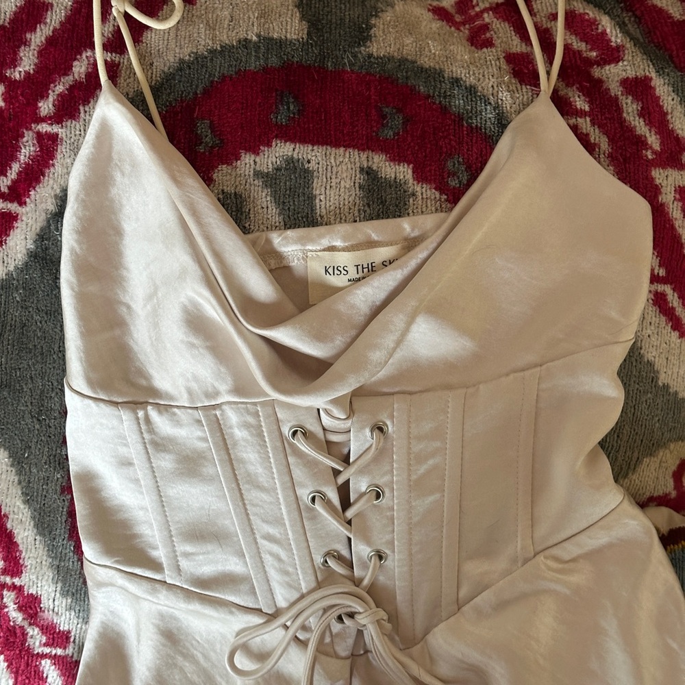 UO Kiss the Sky Elegant Cream Satin Lace-Up Corset Dress - Picture 2 of 5